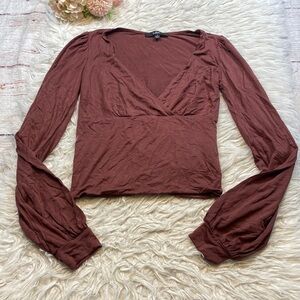 Lulu's Faux Wrap Puff Long Sleeve Crop Brown Top sz S